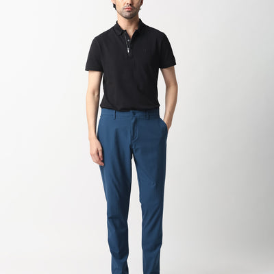 Rare Rabbit Men's Drivers Dark Blue Mid-Rise Bi-Stretch With Elastic Waistband Regular Fit Trouser