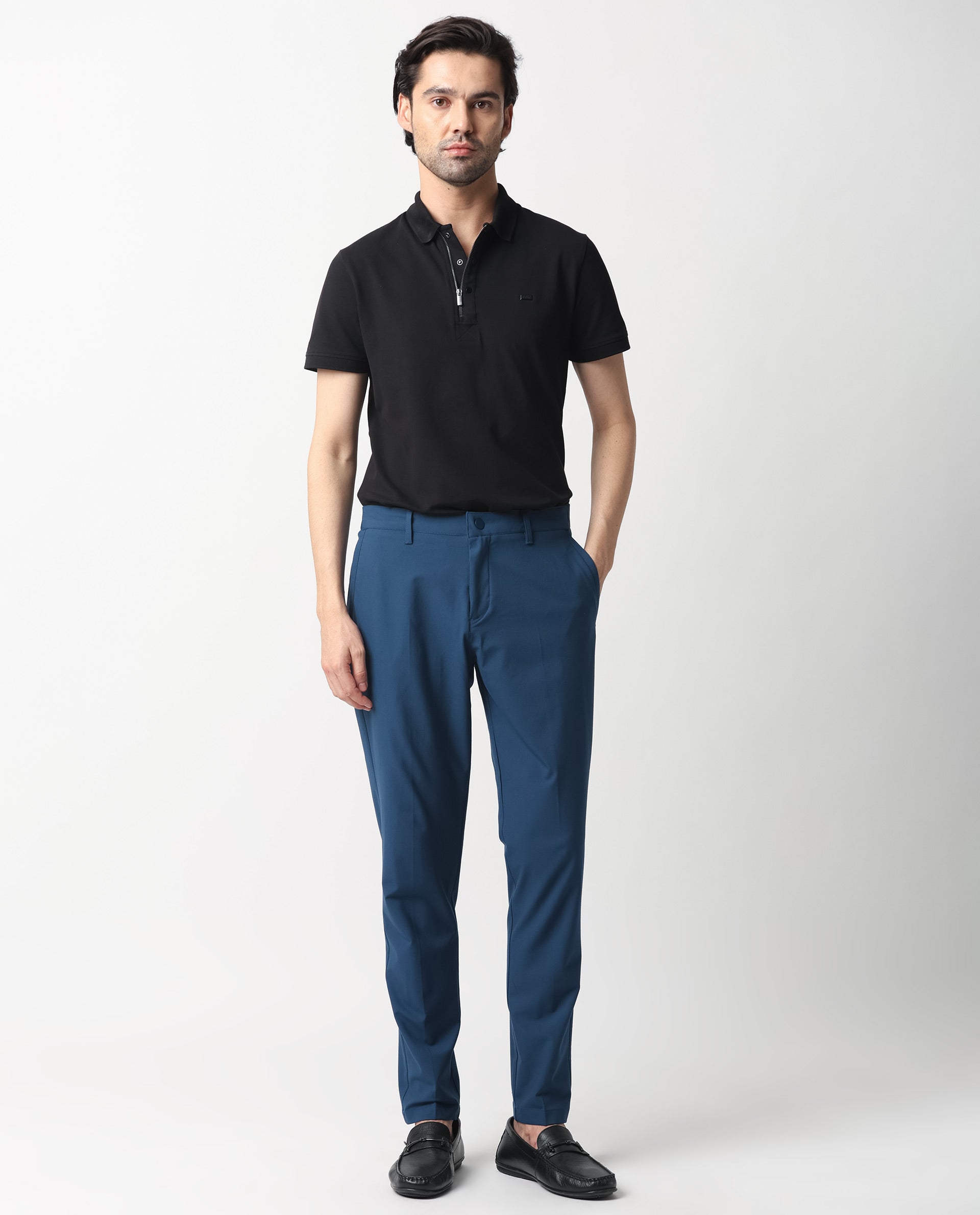 Rare Rabbit Men's Drivers Dark Blue Mid-Rise Bi-Stretch With Elastic Waistband Regular Fit Trouser
