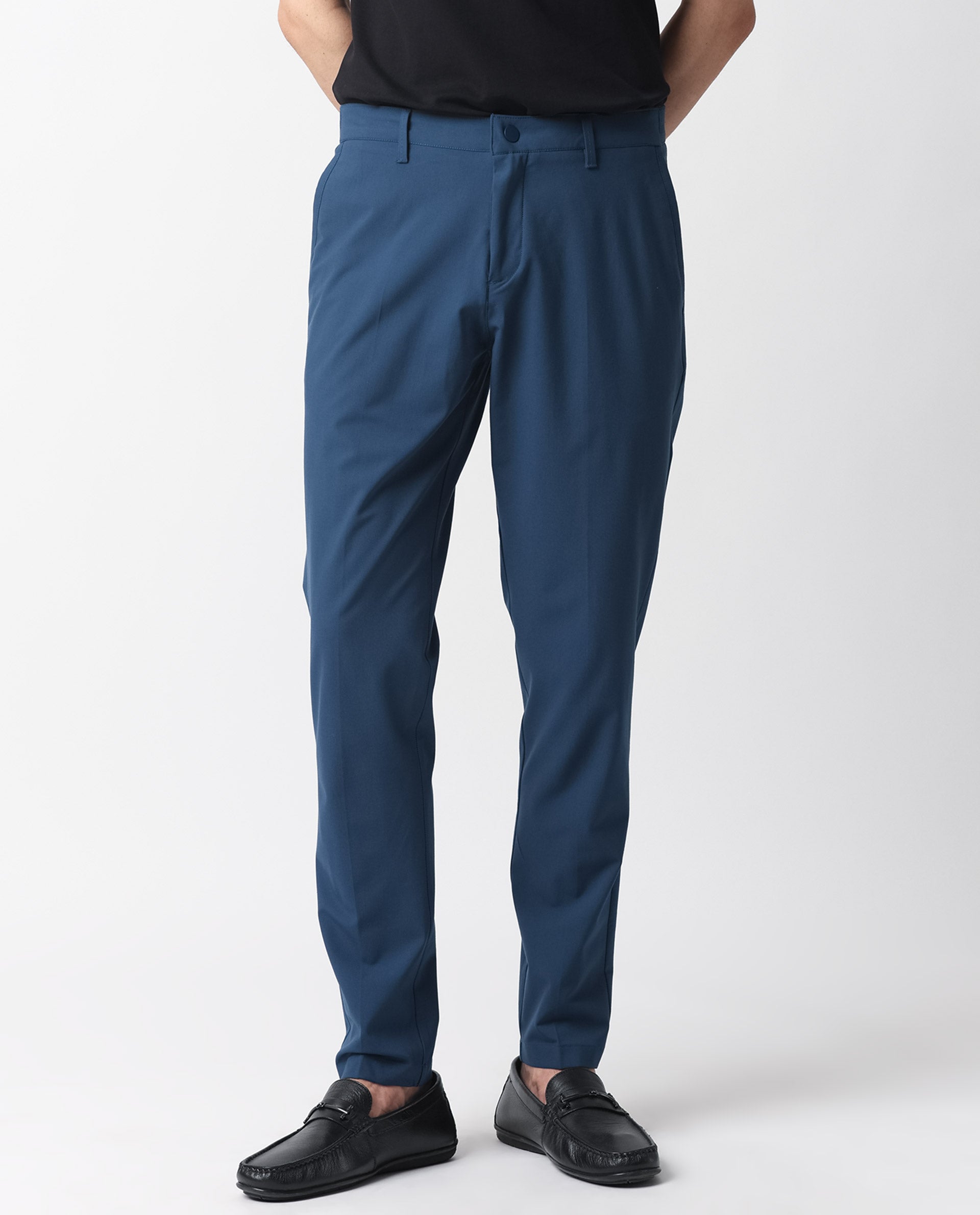 Rare Rabbit Men's Drivers Dark Blue Mid-Rise Bi-Stretch With Elastic Waistband Regular Fit Trouser