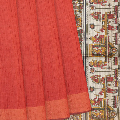 Red Handloom Dupion Silk Saree With Printed Chariot Motifs-Red