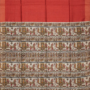 Red Handloom Dupion Silk Saree With Printed Chariot Motifs-Red