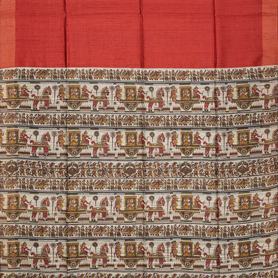 Red Handloom Dupion Silk Saree With Printed Chariot Motifs-Red