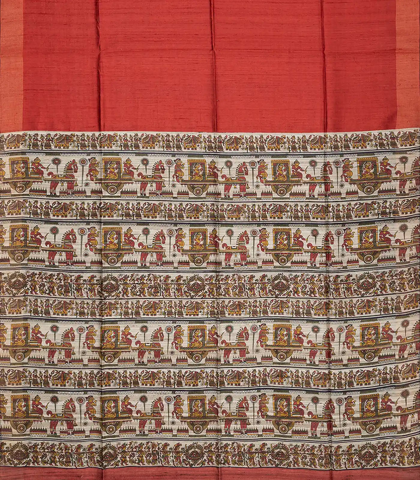 Red Handloom Dupion Silk Saree With Printed Chariot Motifs-Red