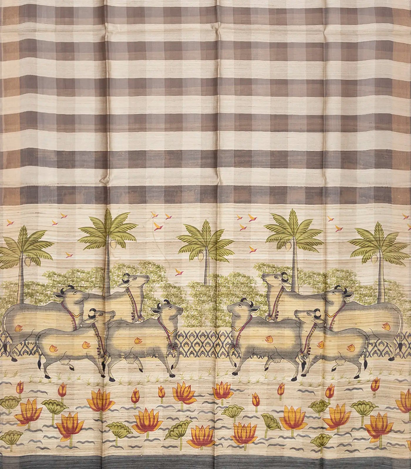 Grey Handloom Dupion Silk Saree With Checks-Grey