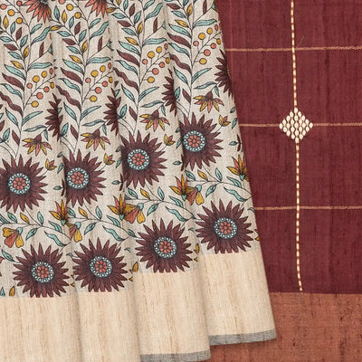 Beige Handloom Dupion Silk Saree With Printed Floral Vine Motifs-Beige