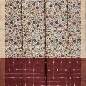 Beige Handloom Dupion Silk Saree With Printed Floral Vine Motifs-Beige