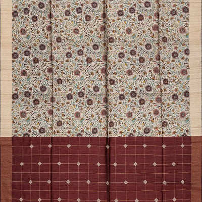 Beige Handloom Dupion Silk Saree With Printed Floral Vine Motifs-Beige