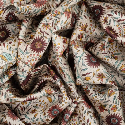 Beige Handloom Dupion Silk Saree With Printed Floral Vine Motifs-Beige