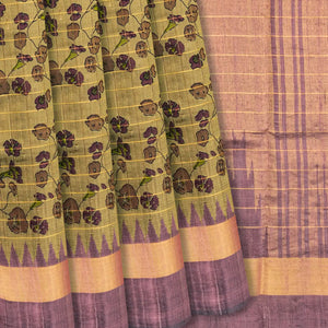 Sage Green Handloom Dupion Silk Saree With Printed Vine Motifs -Sage Green