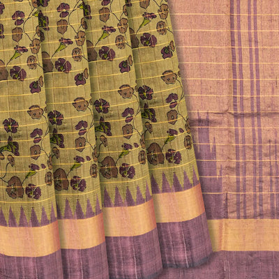Sage Green Handloom Dupion Silk Saree With Printed Vine Motifs -Sage Green