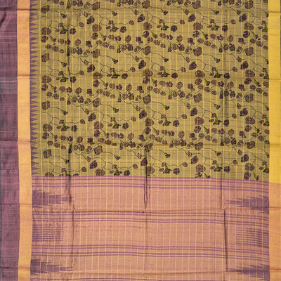 Sage Green Handloom Dupion Silk Saree With Printed Vine Motifs -Sage Green