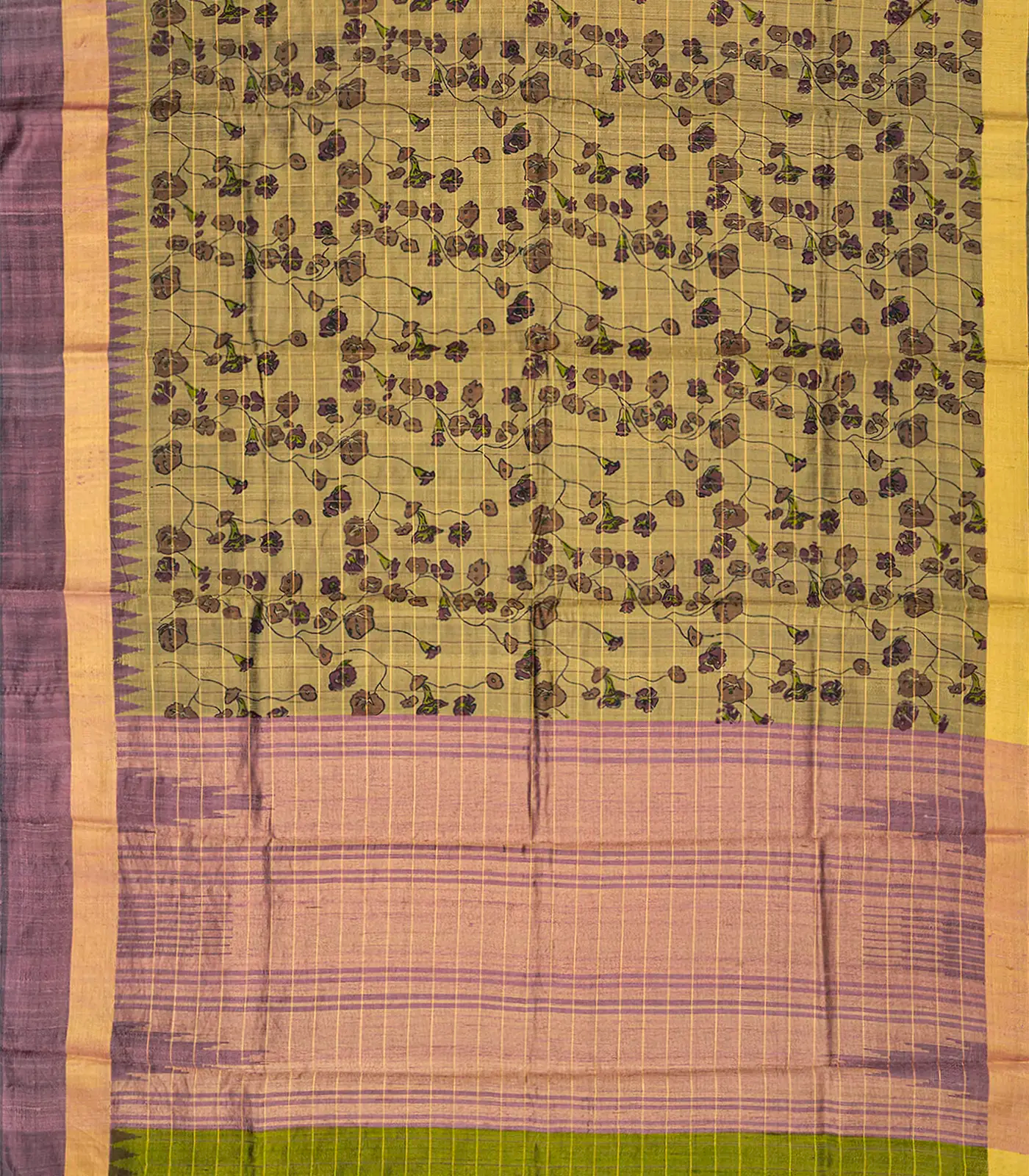Sage Green Handloom Dupion Silk Saree With Printed Vine Motifs -Sage Green