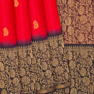 Red Handloom Dupion Silk Saree With Floral Motifs-Red