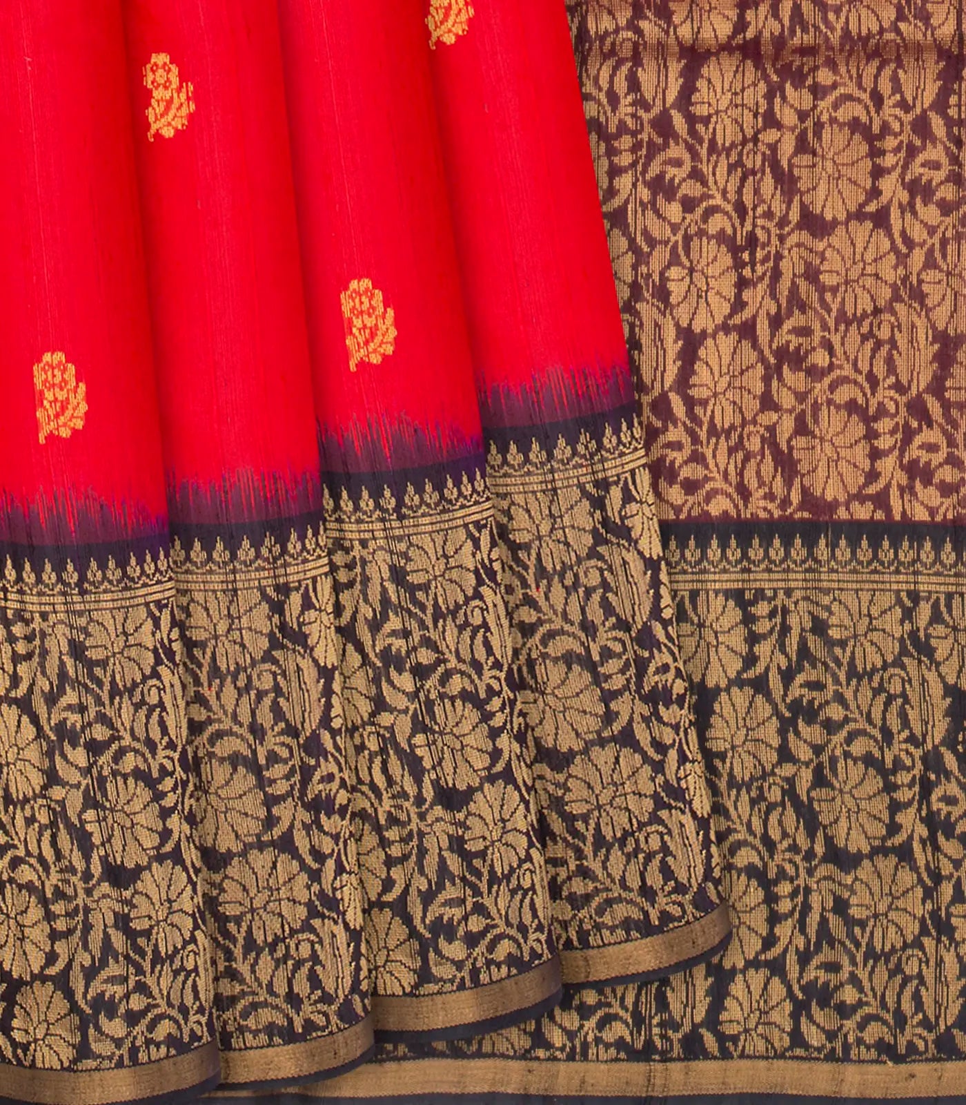 Red Handloom Dupion Silk Saree With Floral Motifs-Red