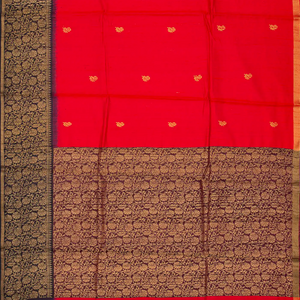 Red Handloom Dupion Silk Saree With Floral Motifs-Red