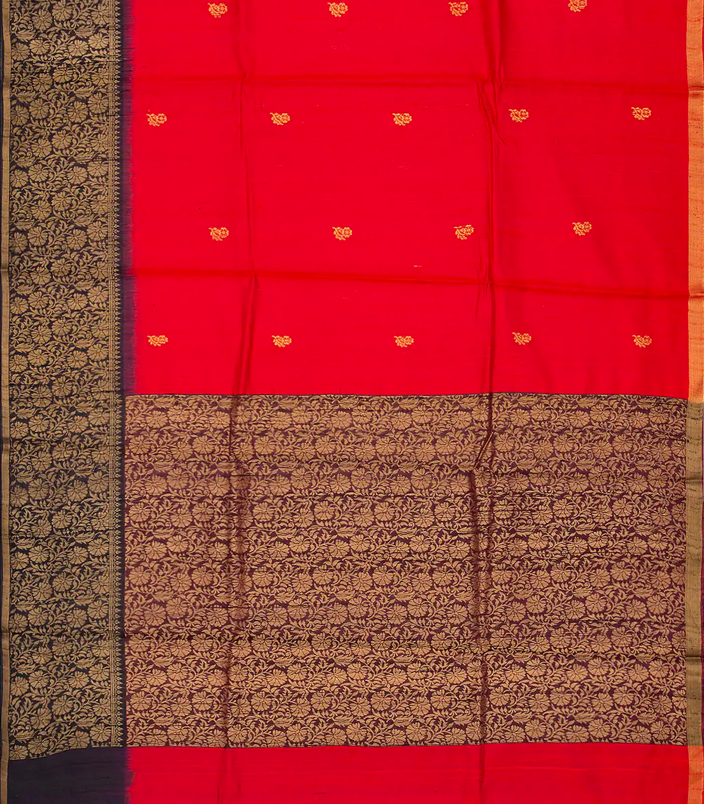 Red Handloom Dupion Silk Saree With Floral Motifs-Red