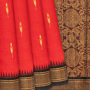 Red Handloom Dupion Silk Saree With Floral Motifs-Red