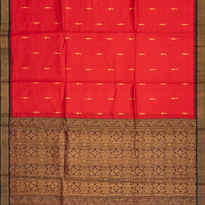 Red Handloom Dupion Silk Saree With Floral Motifs-Red