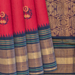 Peach Handloom Dupion Silk Saree With Floral Motifs-Peach