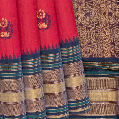 Peach Handloom Dupion Silk Saree With Floral Motifs-Peach