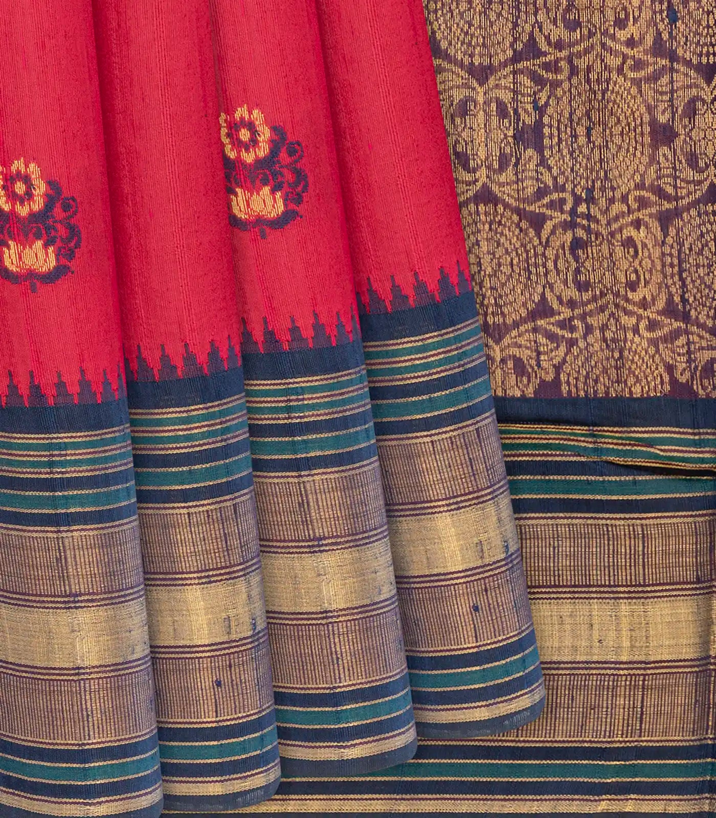 Peach Handloom Dupion Silk Saree With Floral Motifs-Peach