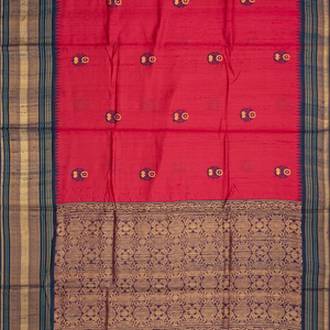 Peach Handloom Dupion Silk Saree With Floral Motifs-Peach