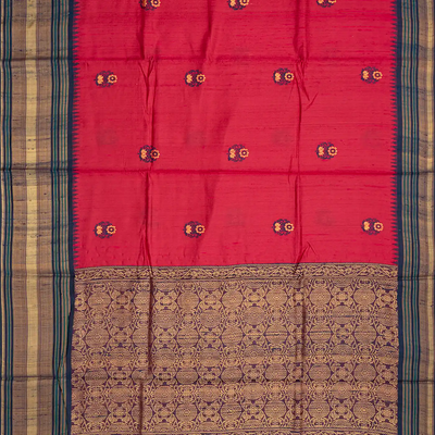 Peach Handloom Dupion Silk Saree With Floral Motifs-Peach