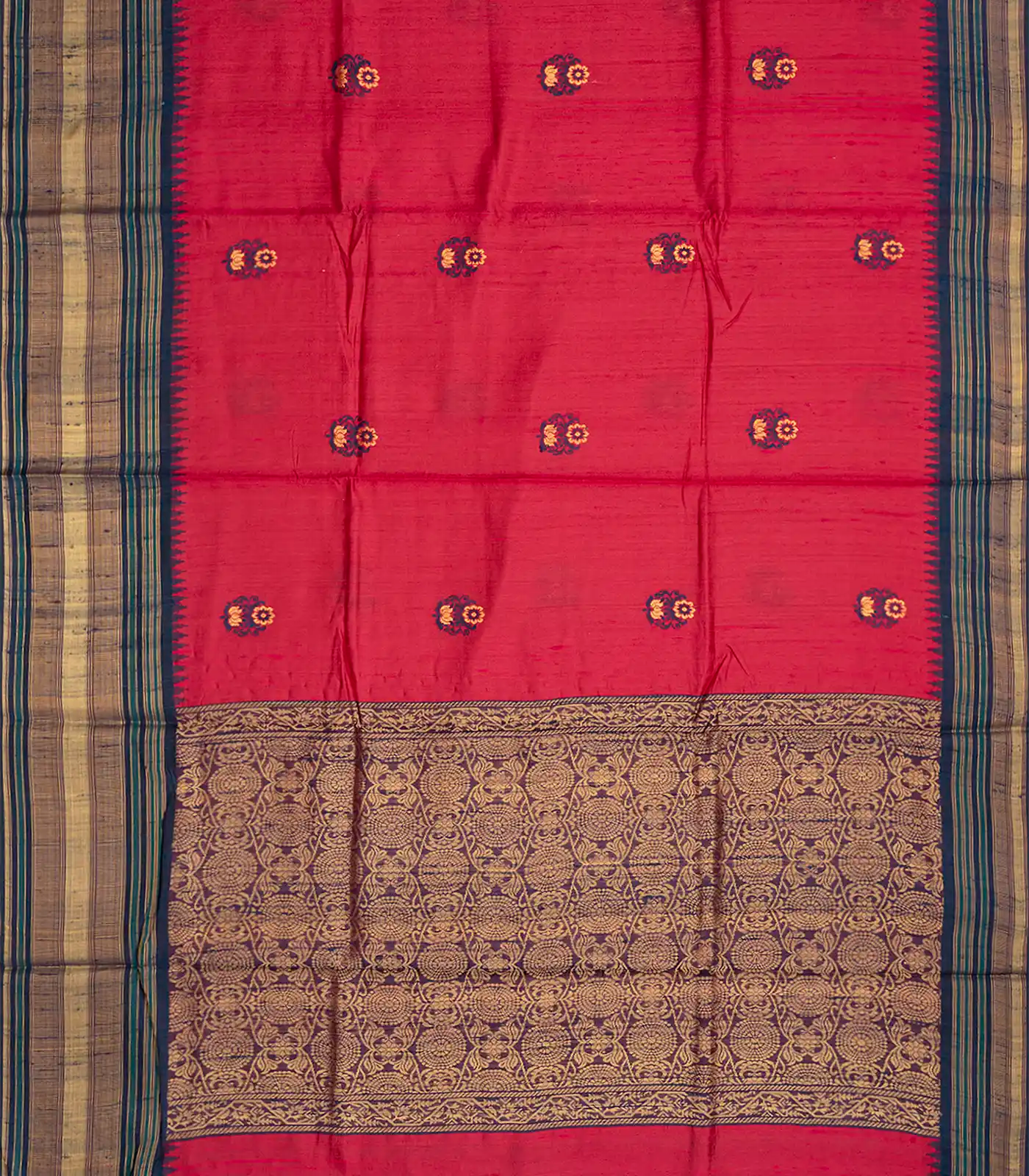 Peach Handloom Dupion Silk Saree With Floral Motifs-Peach