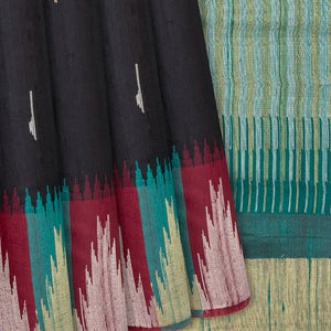 Black Handloom Dupion Silk Saree With Jasmine Bud Motifs-Black