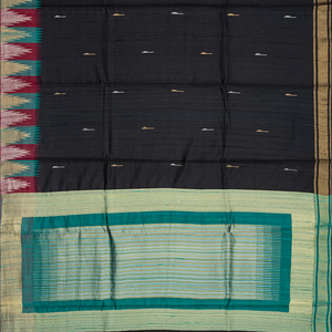 Black Handloom Dupion Silk Saree With Jasmine Bud Motifs-Black