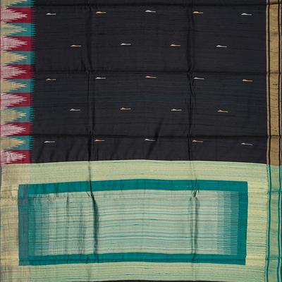 Black Handloom Dupion Silk Saree With Jasmine Bud Motifs-Black