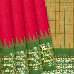 Red Woven Dupion Silk Saree With Green Border-Red
