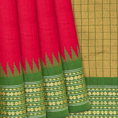 Red Woven Dupion Silk Saree With Green Border-Red