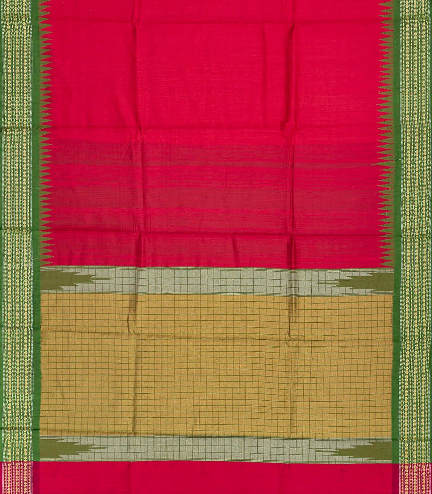 Red Woven Dupion Silk Saree With Green Border-Red