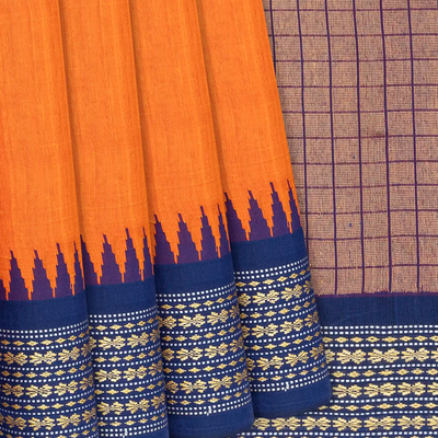 Mango Yellow Woven Dupion Silk Saree With Navy Border-Mango Yellow