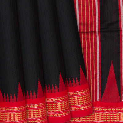 Black Woven Dupion Silk Saree With Red Border-Black