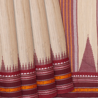 Cream Woven Dupion Silk Saree With Maroon Border-Cream