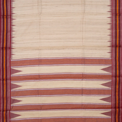 Cream Woven Dupion Silk Saree With Maroon Border-Cream