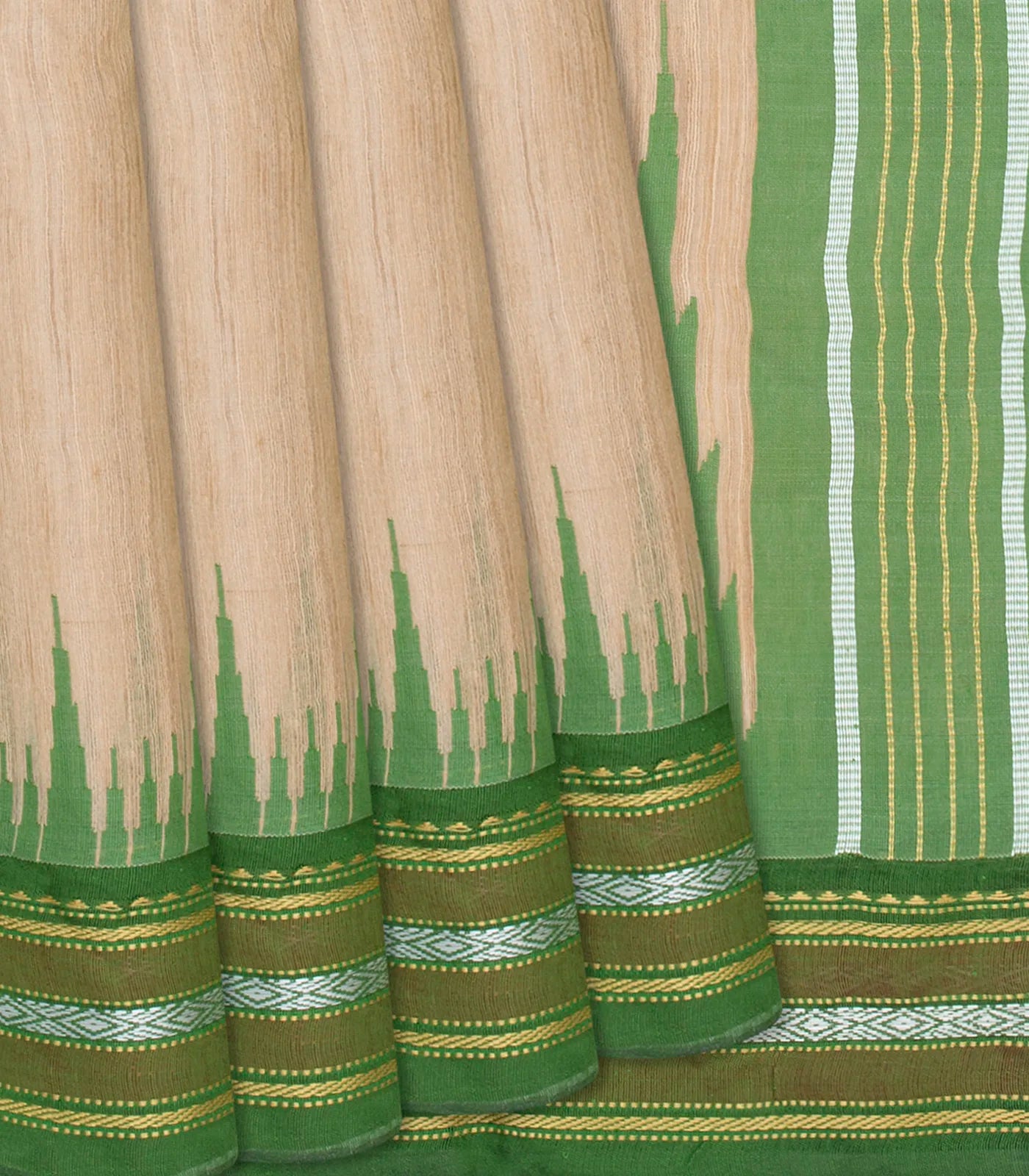 Cream Woven Dupion Silk Saree With Green Border-Cream