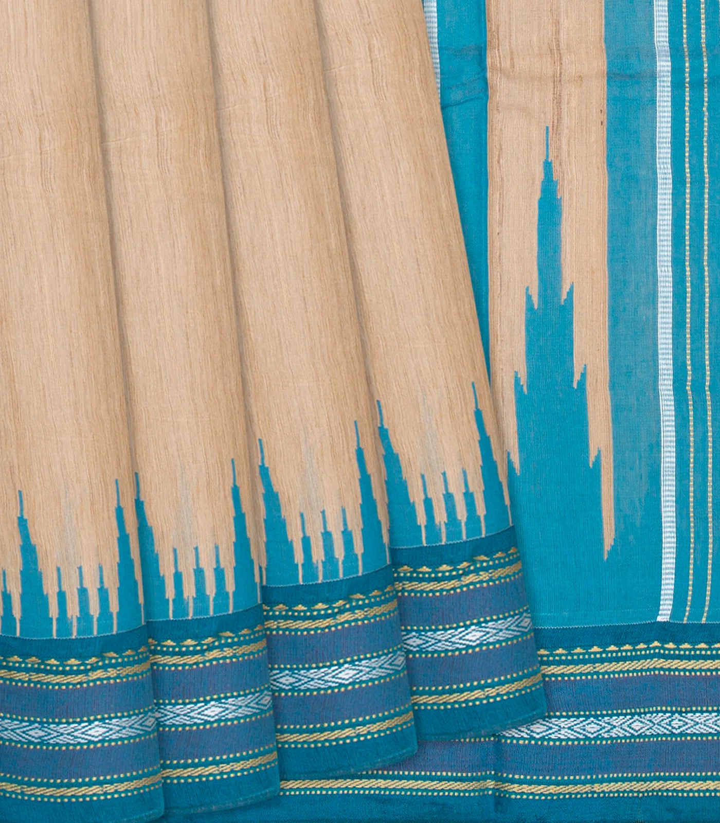 Cream Woven Dupion Silk Saree With Turquoise Border-Cream