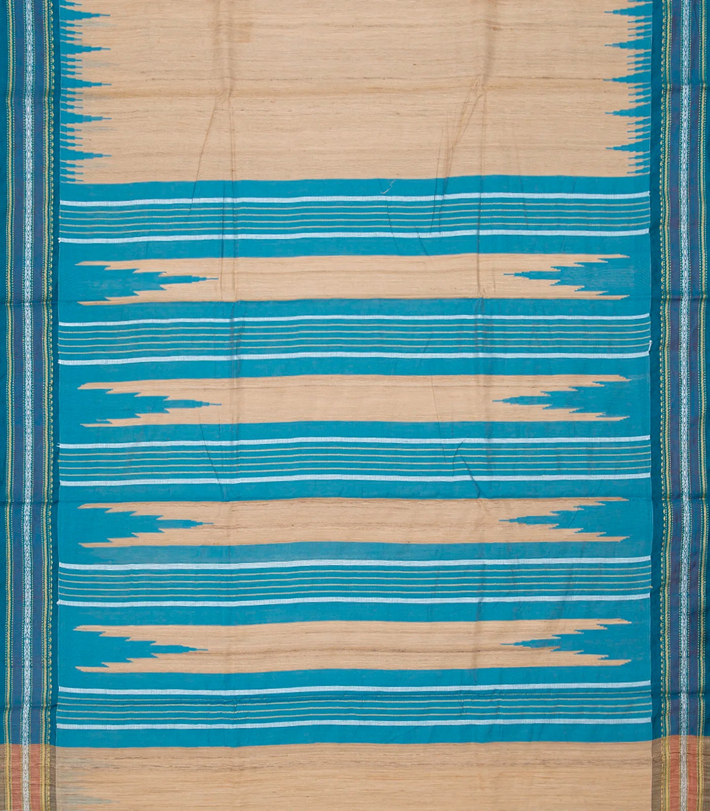 Cream Woven Dupion Silk Saree With Turquoise Border-Cream