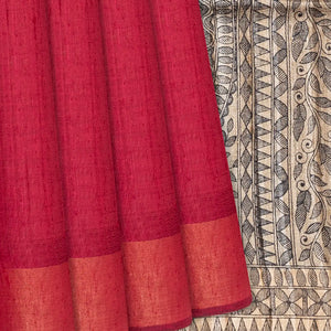 Crimson Handloom Plain Dupion Silk Saree With Printed Madhu bani Motifs-Crimson