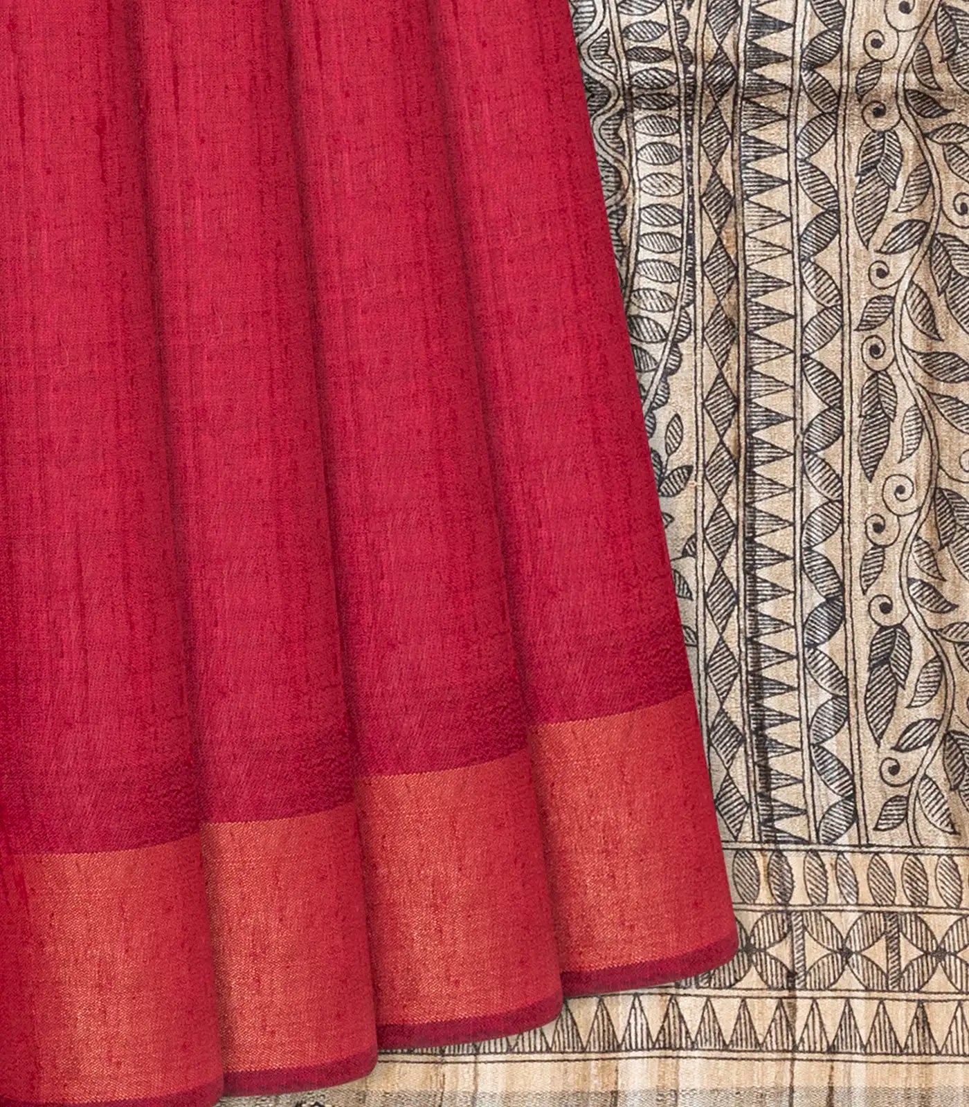 Crimson Handloom Plain Dupion Silk Saree With Printed Madhu bani Motifs-Crimson