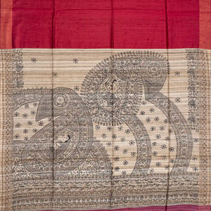 Crimson Handloom Plain Dupion Silk Saree With Printed Madhu bani Motifs-Crimson