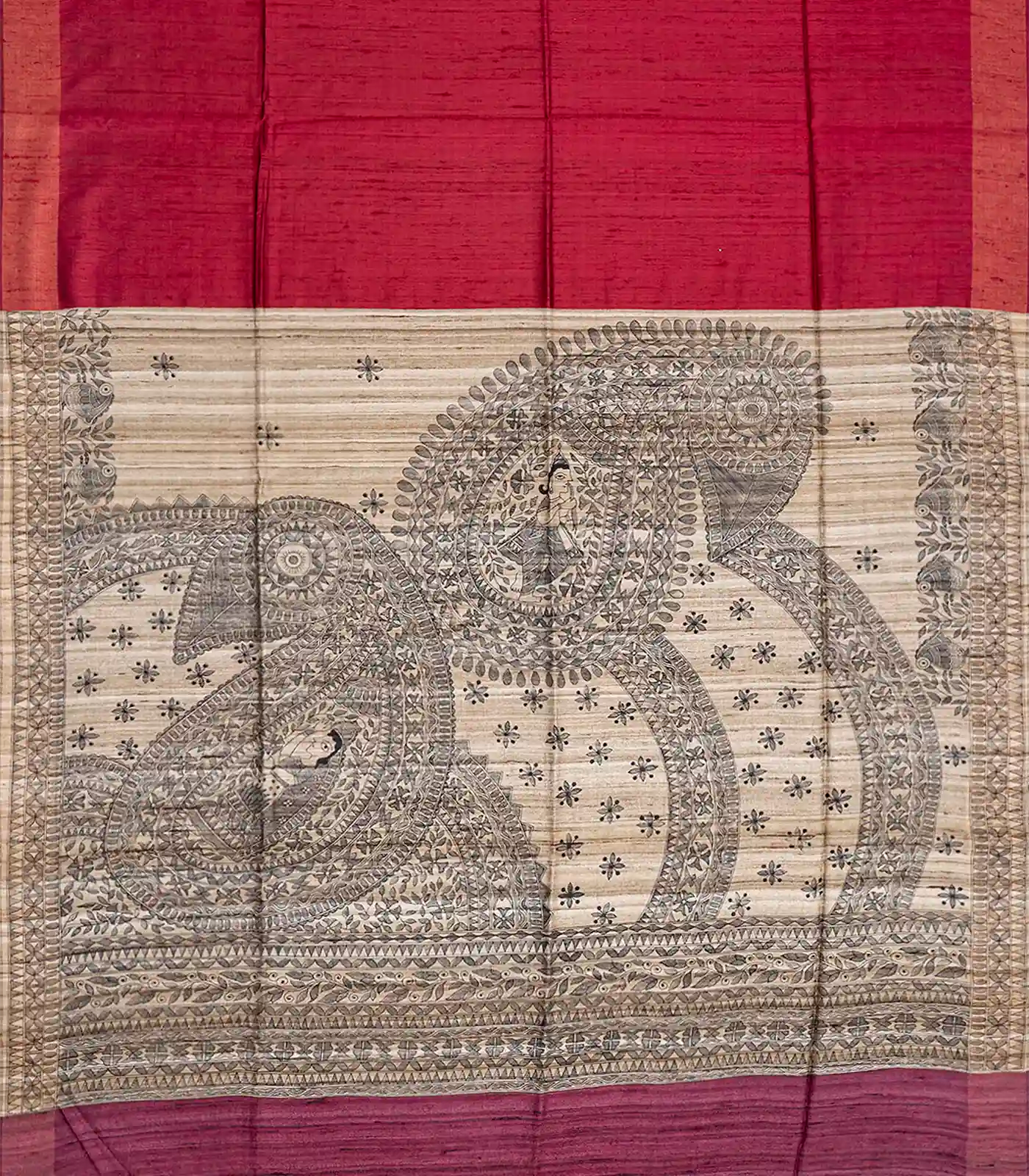 Crimson Handloom Plain Dupion Silk Saree With Printed Madhu bani Motifs-Crimson