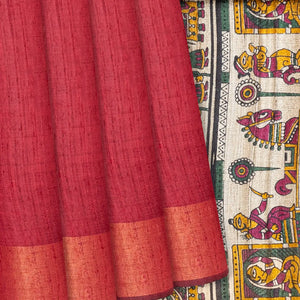 Crimson Handloom Plain Dupion Silk Saree With Printed Chariot Motifs-Crimson