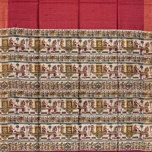 Crimson Handloom Plain Dupion Silk Saree With Printed Chariot Motifs-Crimson