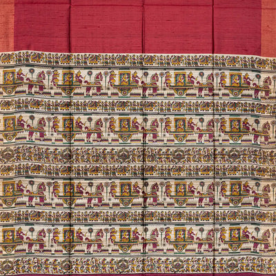 Crimson Handloom Plain Dupion Silk Saree With Printed Chariot Motifs-Crimson