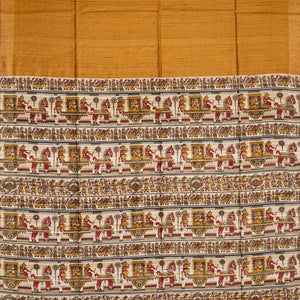 Mustard Handloom Plain Dupion Silk Saree With Printed Chariot Motifs-Mustard