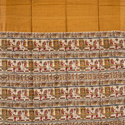 Mustard Handloom Plain Dupion Silk Saree With Printed Chariot Motifs-Mustard